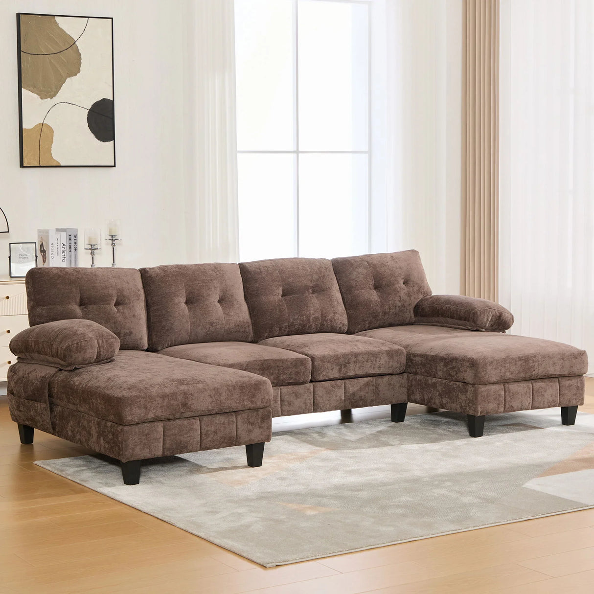 U-Shaped Sectional Sofa 103.5" Black Chenille Fabric Couch With Dual Chaise Lounges, Storage Pockets, Armrest Pillows - Furniture Home Direct