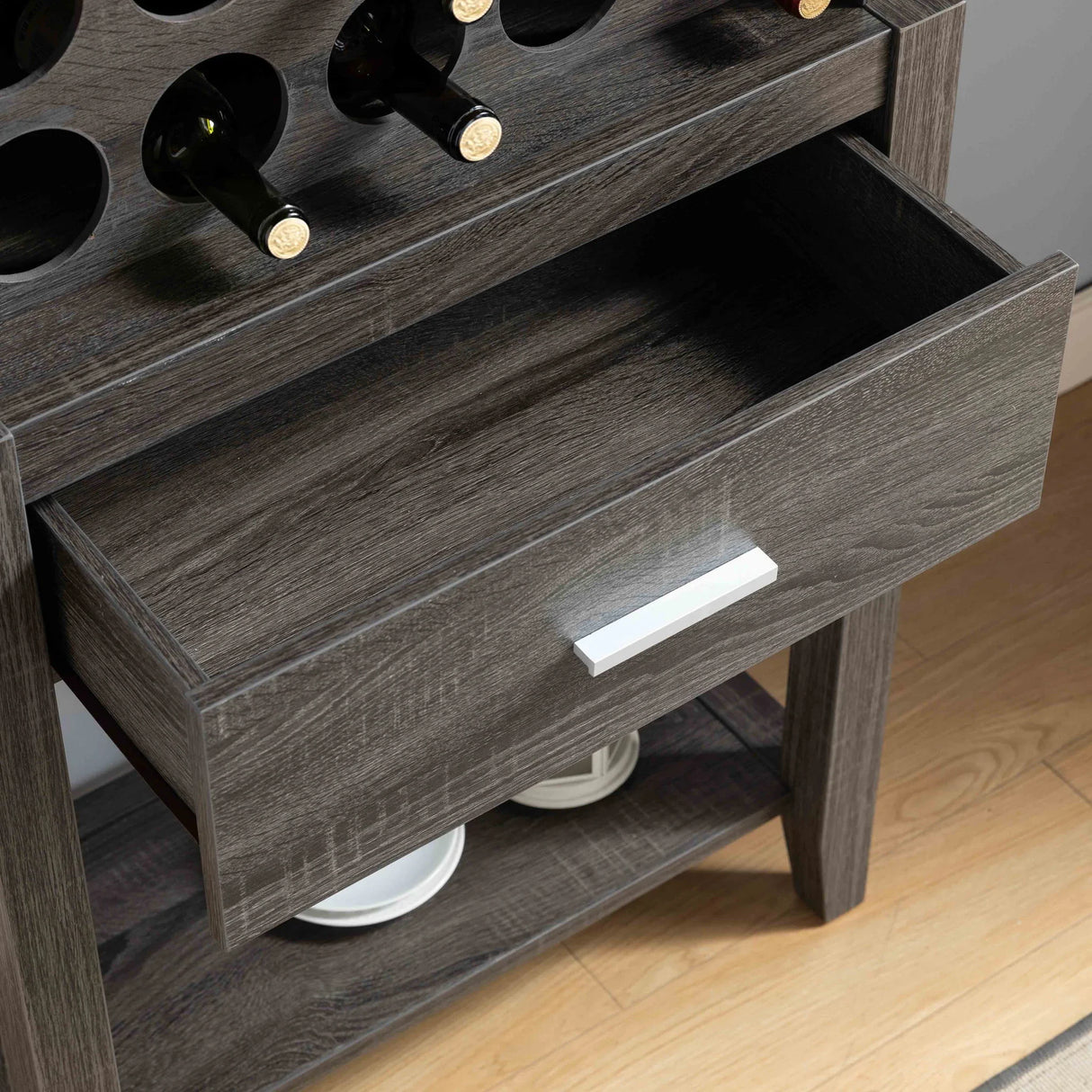 Wine Bar Cabinet, Kitchen Storage Cabinet With Drawer And Open Shelves - Distressed Gray - Furniture Home Direct