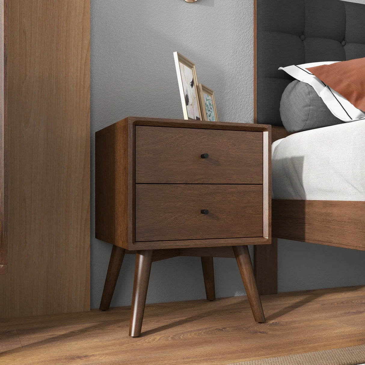 Caroline - Mid-Century Modern Style White Night Stand 2 Drawer - Furniture Home Direct