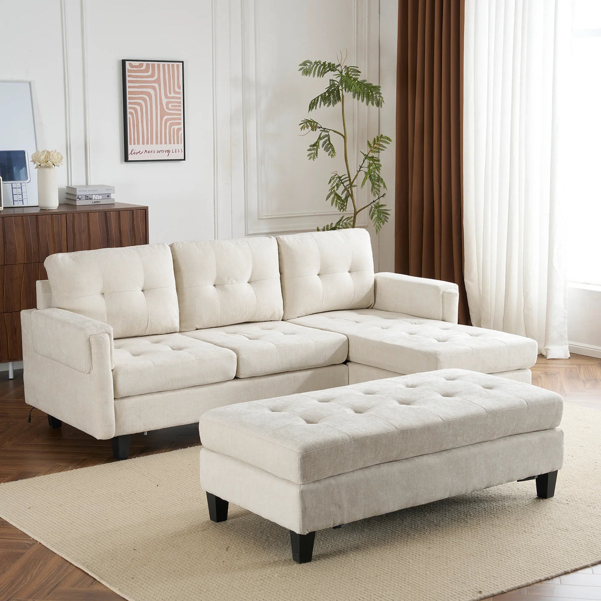 Sleeper Sectional Chenille L Shaped With Chaise Beige - Furniture Home Direct