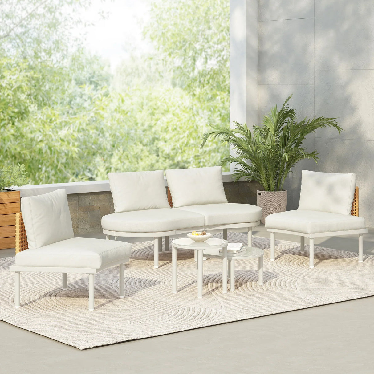 6 Piece Patio Set, Half Moon Outdoor Sectional Sofa With 2 High Low Coffee Tables, 4 Pillows & Cushions - Furniture Home Direct