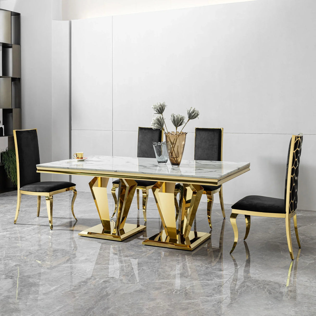 79.53 In. Elegant Marble Pattern Dining Table For 6 Or 8 Seats Polished Stainless Steel Base - Gold - Furniture Home Direct