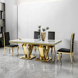 79.53 In. Elegant Marble Pattern Dining Table For 6 Or 8 Seats Polished Stainless Steel Base - Gold - Furniture Home Direct
