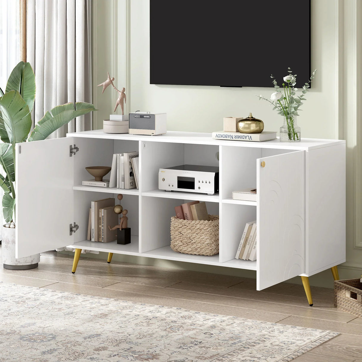 Modern TV Stand With Adjustable Shelf, Handles And Anti-Tip Device - Furniture Home Direct