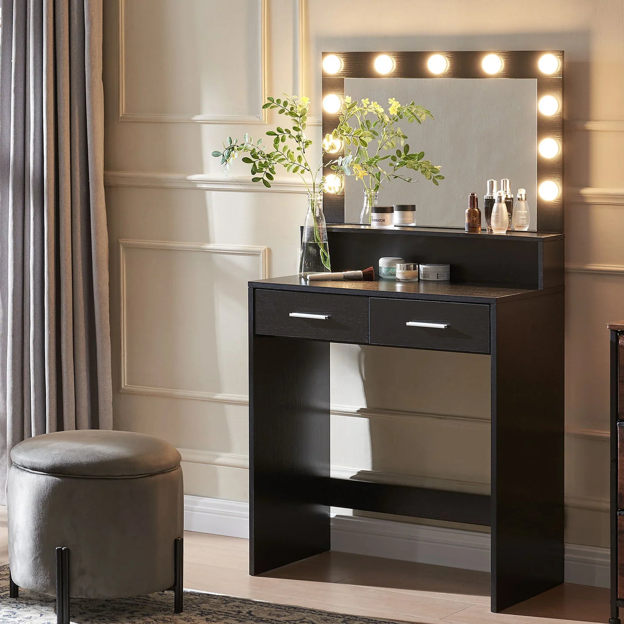 Vanity Desk With Mirror And Lights, Dressing Table With Large Drawer, 2 Level Storage Dresser & 3 Lighting Modes Adjustable Brightness, Suitable For Bedroom - Furniture Home Direct