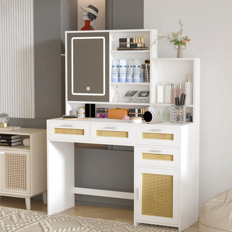 Vanity Desk With Lights and Ample Storage Drawers White - Furniture Home Direct
