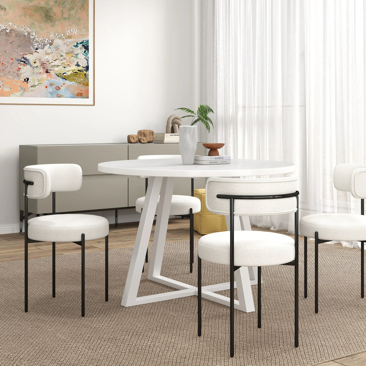 Dining Set Round With Boucle Chairs Modern Compact White - Furniture Home Direct