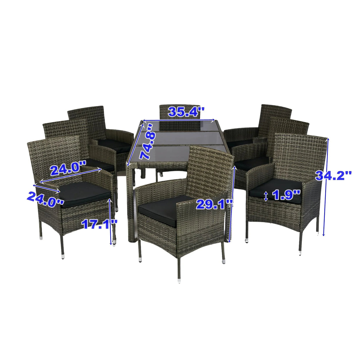 9 Piece Outdoor Patio Wicker Dining Set Patio Wicker Furniture Dining Set Glass Top - Gray / Black - Furniture Home Direct