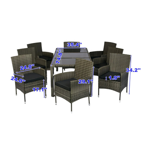 9 Piece Outdoor Patio Wicker Dining Set Patio Wicker Furniture Dining Set Glass Top - Gray / Black - Furniture Home Direct