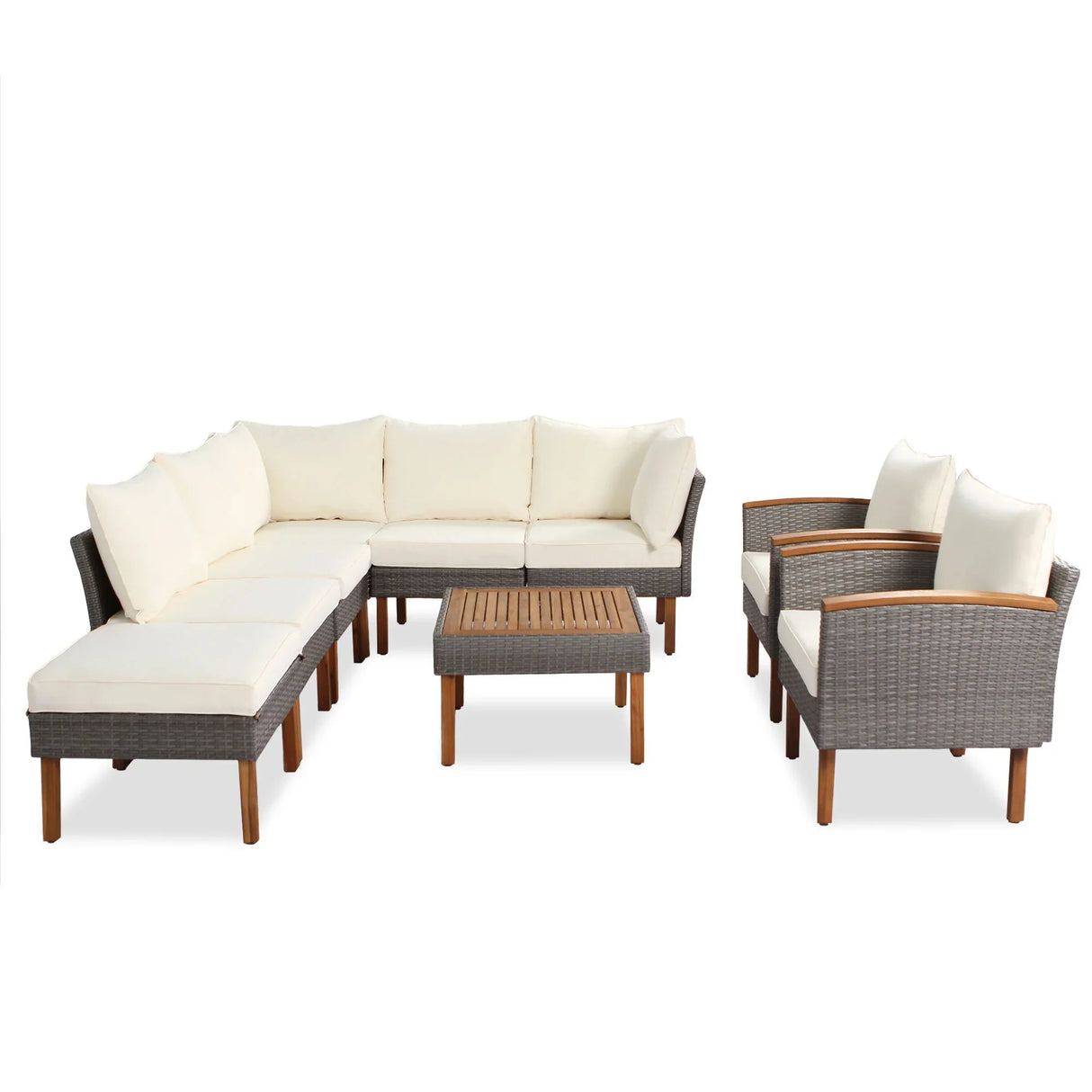 9 Piece Patio Rattan Furniture Set, Outdoor Conversation Set With Acacia Wood Legs And Tabletop, PE Rattan Sectional Sofa Set With Coffee Table, Washable Cushion - Furniture Home Direct