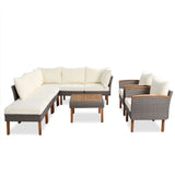 9 Piece Patio Rattan Furniture Set, Outdoor Conversation Set With Acacia Wood Legs And Tabletop, PE Rattan Sectional Sofa Set With Coffee Table, Washable Cushion - Furniture Home Direct