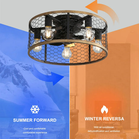 20" Industrial Caged Ceiling Fan, With 7 - ABS Blades Remote Control Reversible DC Motor, Small Flush Mount Ceiling Fan For Farmhouse - Black - Furniture Home Direct