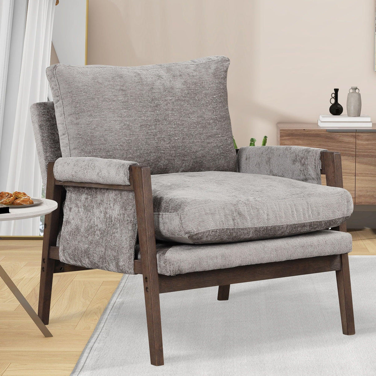Mid-Century Modern Velvet Accent Chair, Leisure Chair With Solid Wood And Thick Seat Cushion For Living Room, Bedroom, Studio - Furniture Home Direct