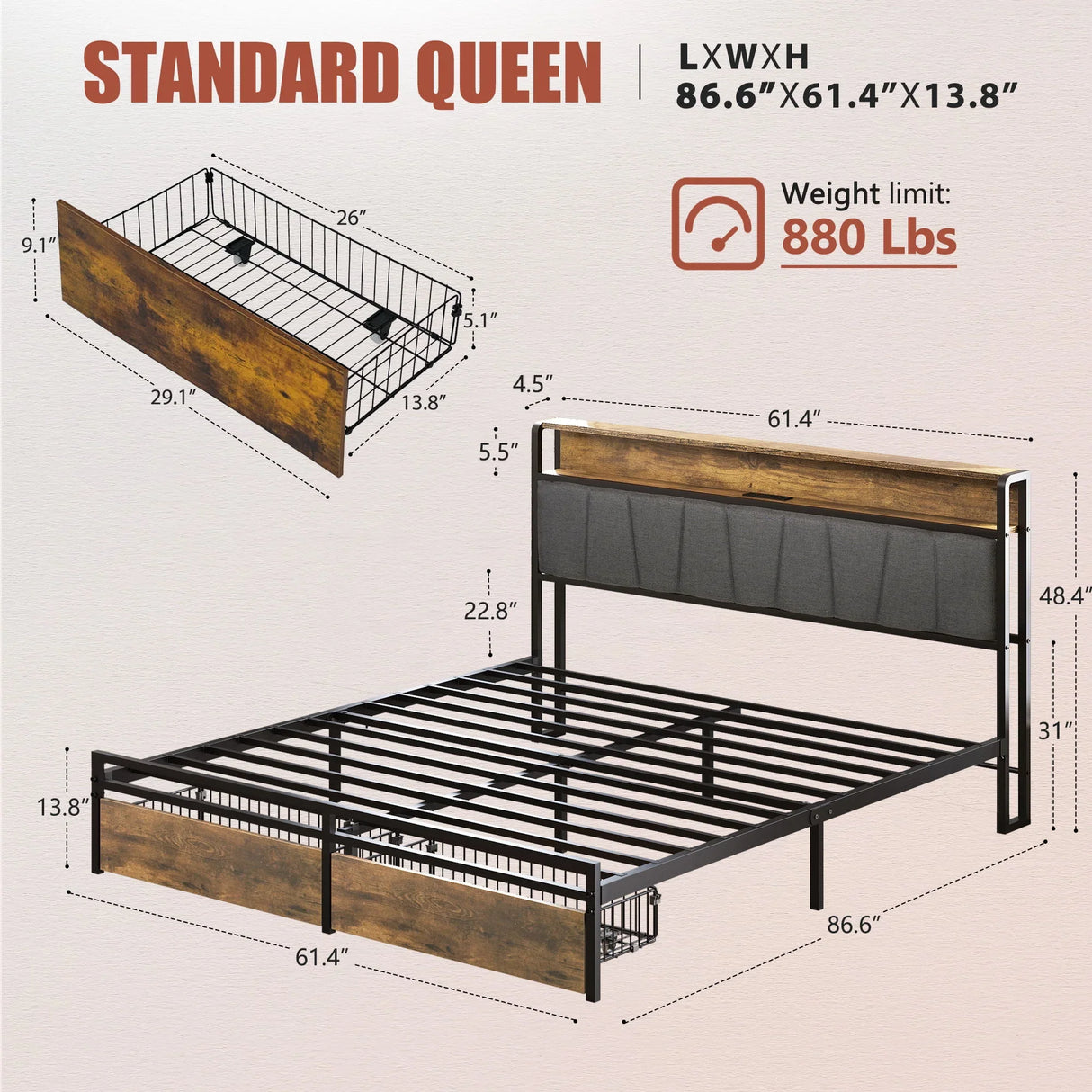 Upholstered Platform Bed Frame With Storage Drawers, USB Ports, LED Lights - Furniture Home Direct