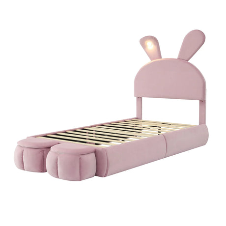 Upholstered Platform Bed With Cartoon Ears Shaped Headboard And LED Light - Furniture Home Direct