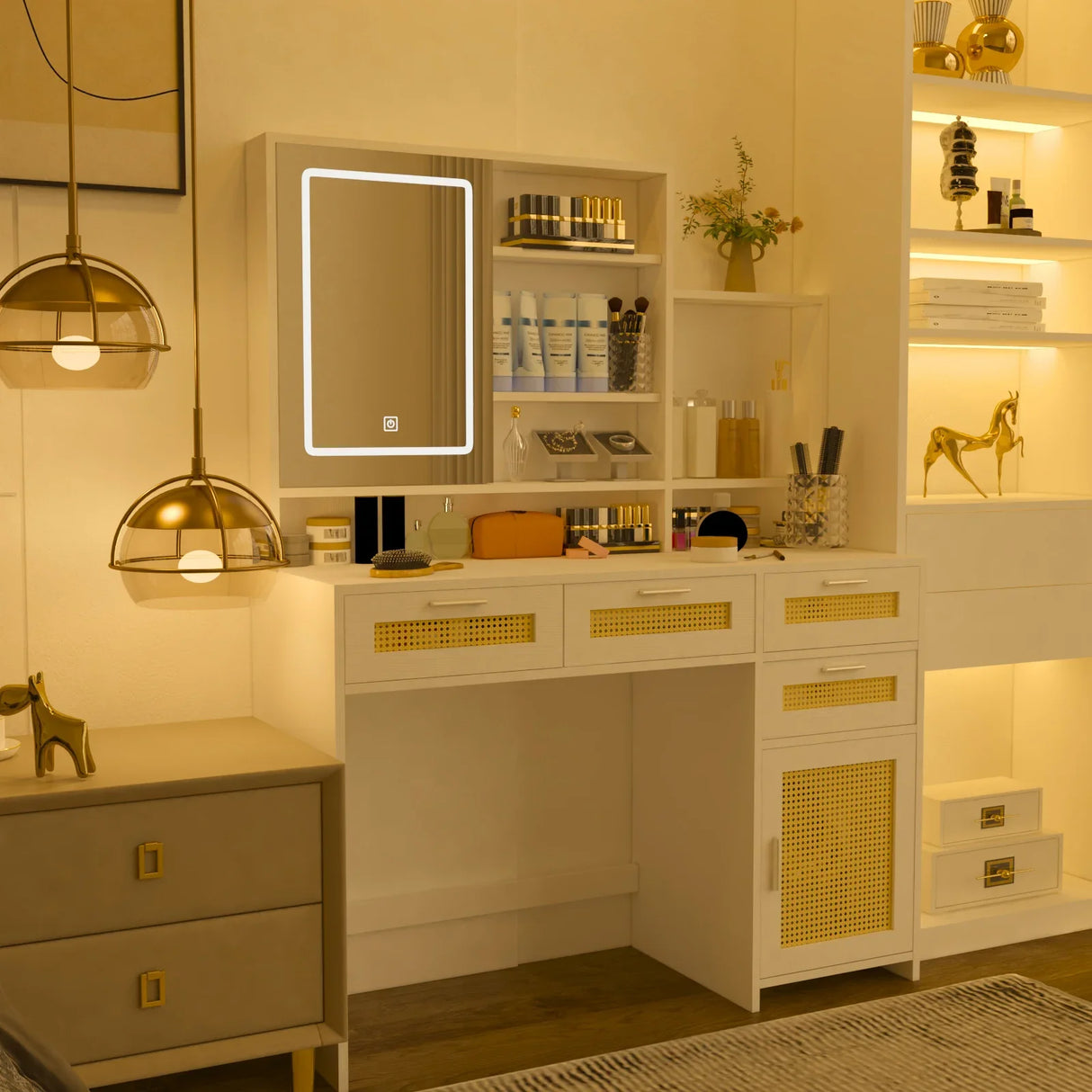 Vanity Desk With Lights and Ample Storage Drawers White - Furniture Home Direct