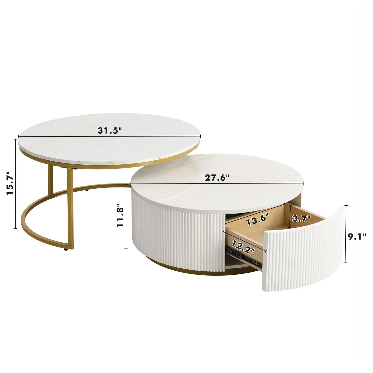 Round Nesting Coffee Table Fluted Drawer Gold and White - Furniture Home Direct