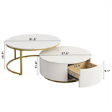 Round Nesting Coffee Table Fluted Drawer Gold and White - Furniture Home Direct