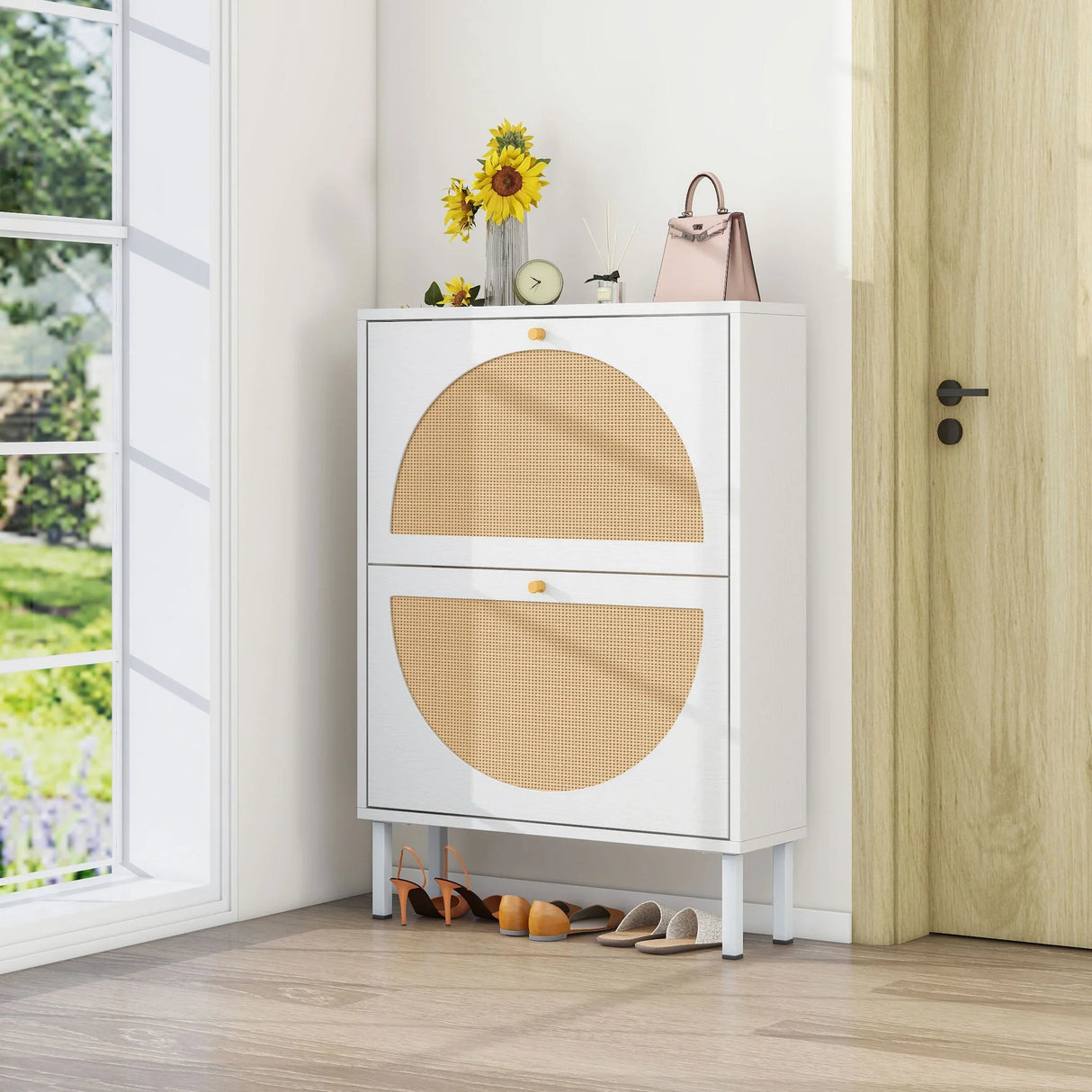 2 Door Shoe Rack, Rattan, Double Layer, Suitable For Living Room, Hallway - White - Furniture Home Direct