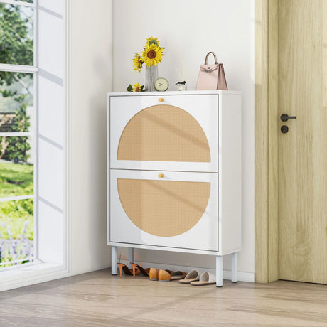 2 Door Shoe Rack, Rattan, Double Layer, Suitable For Living Room, Hallway - White - Furniture Home Direct