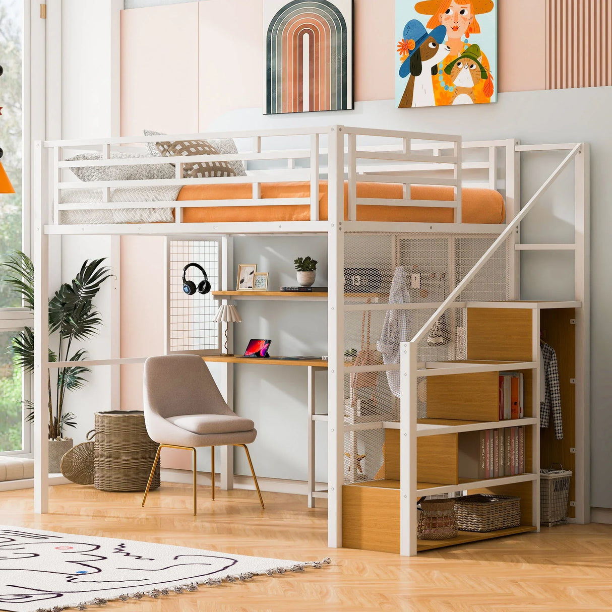 Metal Loft Bed With Wardrobe, Desk, Storage Shelves - Furniture Home Direct