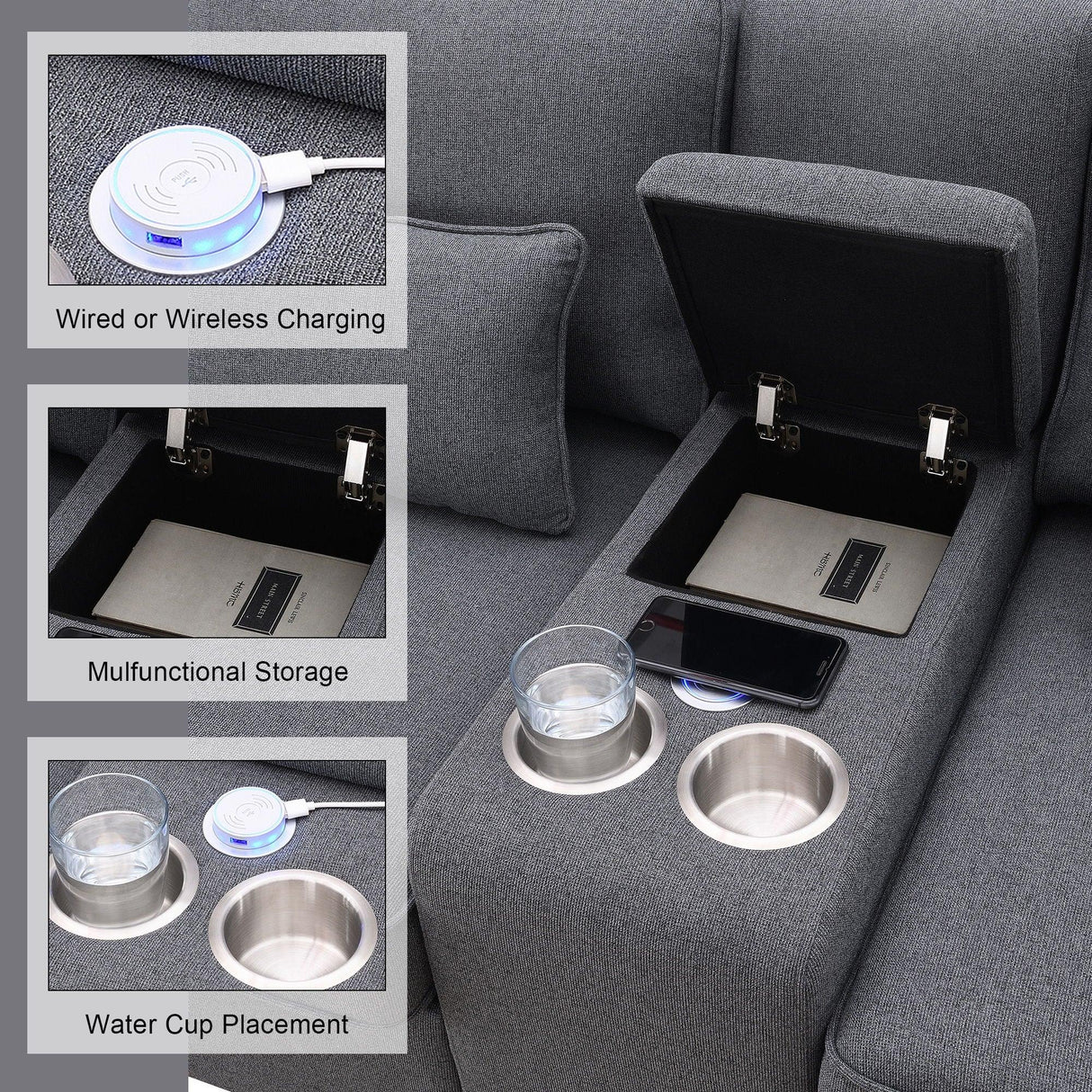 Upholstered Sofa With Console, 2 Cupholders And 2 USB Ports Wired Or Wirelessly Charged, Modern Linen Fabric Couches With 4 Pillows For Living Room, Apartment (4-Seat) - Furniture Home Direct