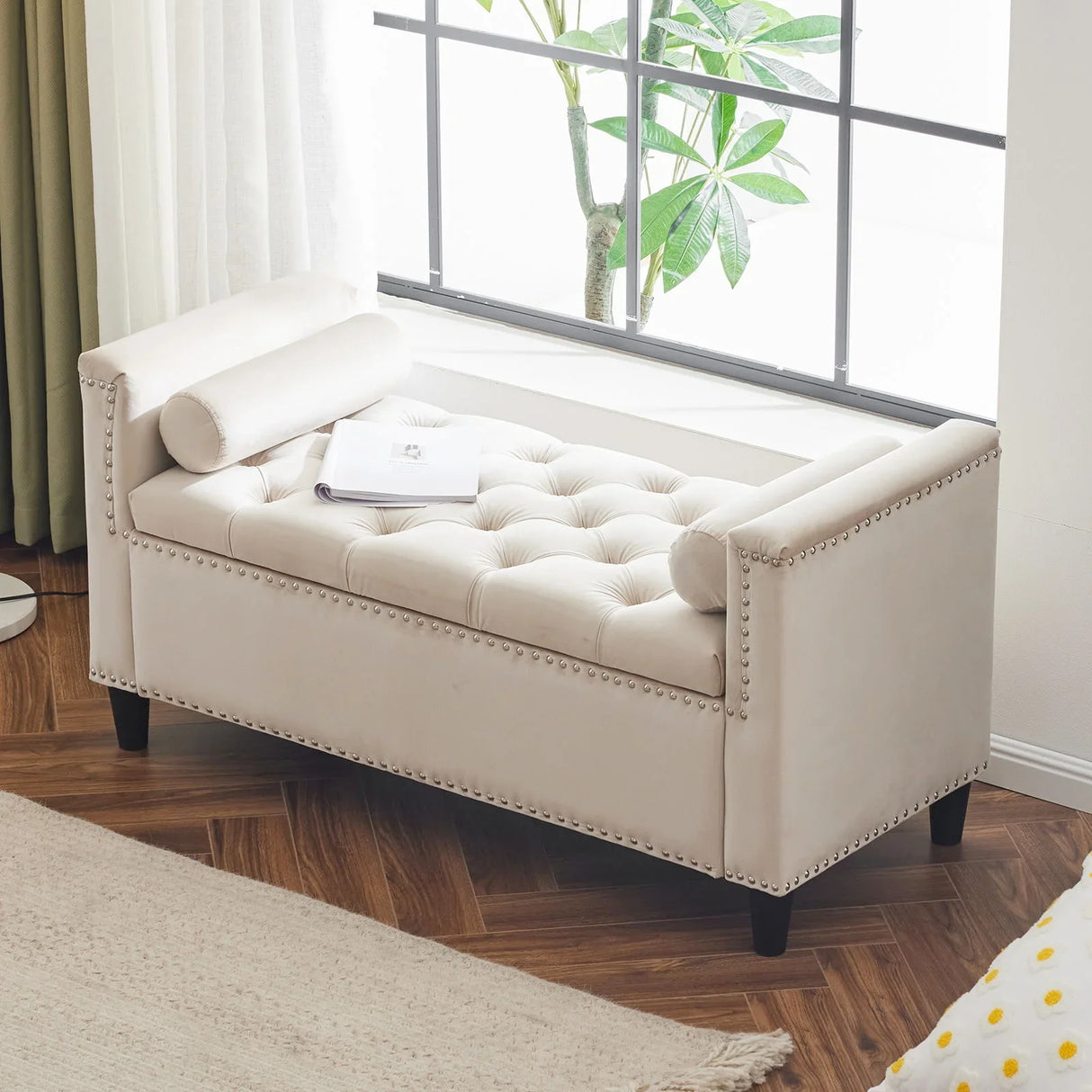 Queen Velvet Button Bedside Storage Bench With Armrests, Nailhead Trim - Furniture Home Direct