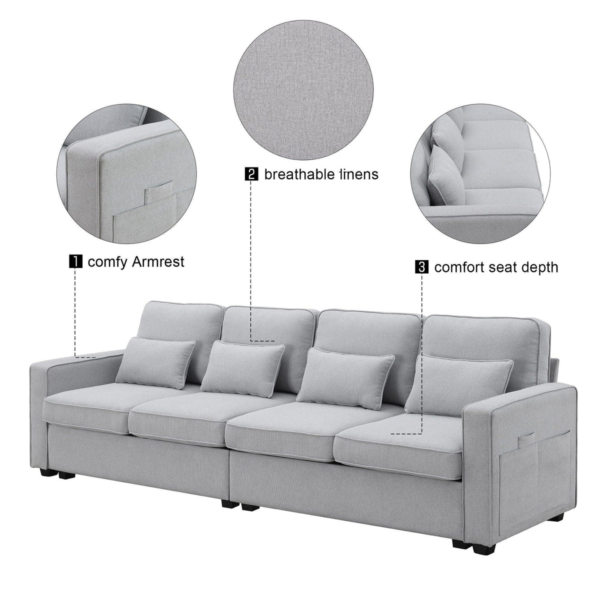 4 Seater Modern Linen Sofa With Armrest Pockets And 4 Pillows, Minimalist Style Couch For Living Room - Furniture Home Direct