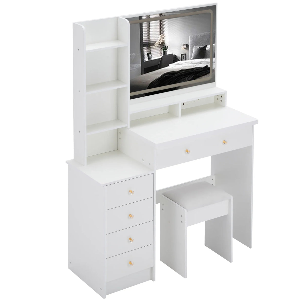 Vanity Desk With Cushioned Stool Mirror Makeup White - Furniture Home Direct