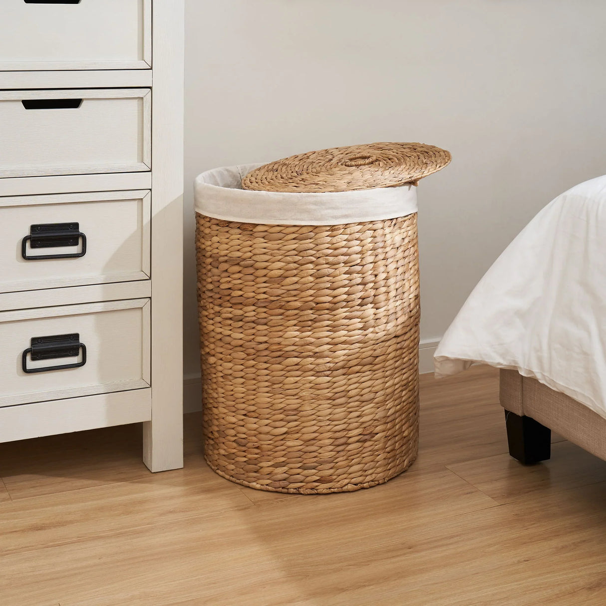 Round Tall Water Hyacinth Woven Wicker Laundry Hamper With Lid - For Clothes, Canvas, Toys And Book Storage With Removable Liner - 15" X 15" X 20" - Natural Brown - Furniture Home Direct