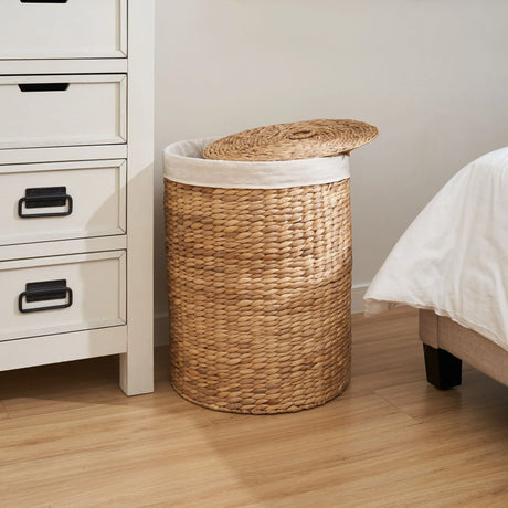 Round Tall Water Hyacinth Woven Wicker Laundry Hamper With Lid - For Clothes, Canvas, Toys And Book Storage With Removable Liner - 15" X 15" X 20" - Natural Brown - Furniture Home Direct