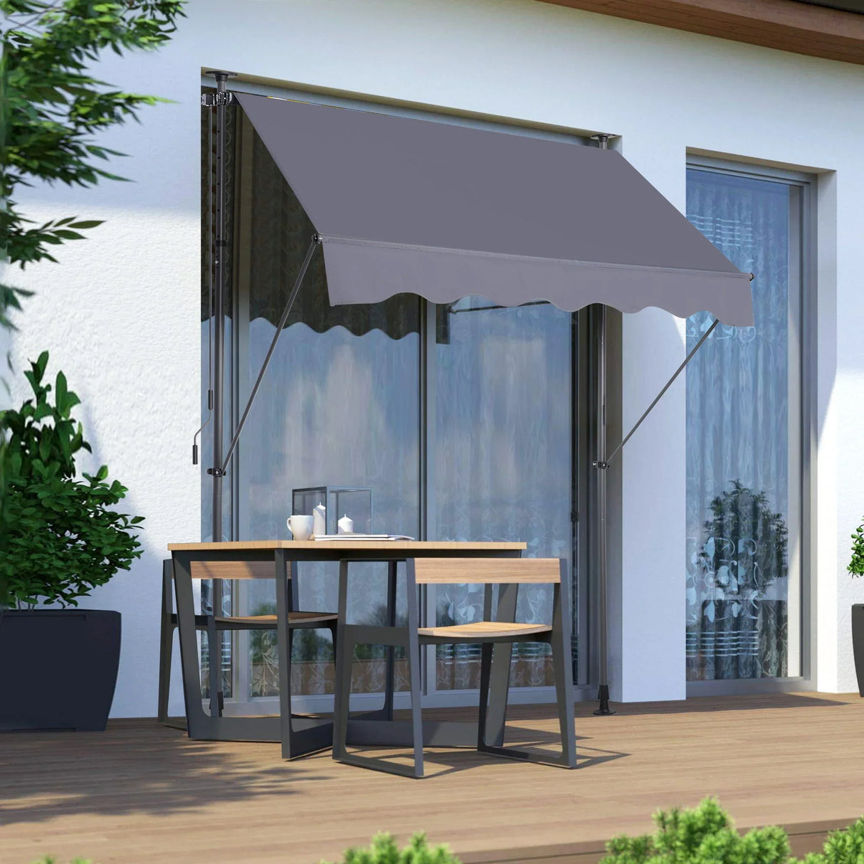 Manual Retractable Patio Awning, UV Resistant Polyester Sun Shade With No Drill Installation - Furniture Home Direct
