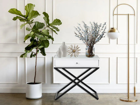Koda - Wooden End Side Table Nightstand With Glass Top, Drawer And Metal Cross Base - Furniture Home Direct