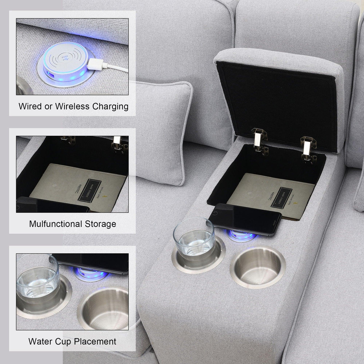 Upholstered Sofa With Console, 2 Cupholders And 2 USB Ports Wired Or Wirelessly Charged, Modern Linen Fabric Couches With 4 Pillows For Living Room, Apartment (4-Seat) - Furniture Home Direct