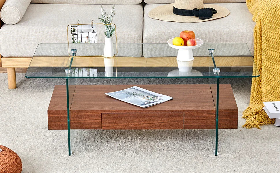 Coffee Table Two Tier Glass Top With Drawer Dark Walnut - Furniture Home Direct