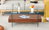 Coffee Table Two Tier Glass Top With Drawer Dark Walnut - Furniture Home Direct