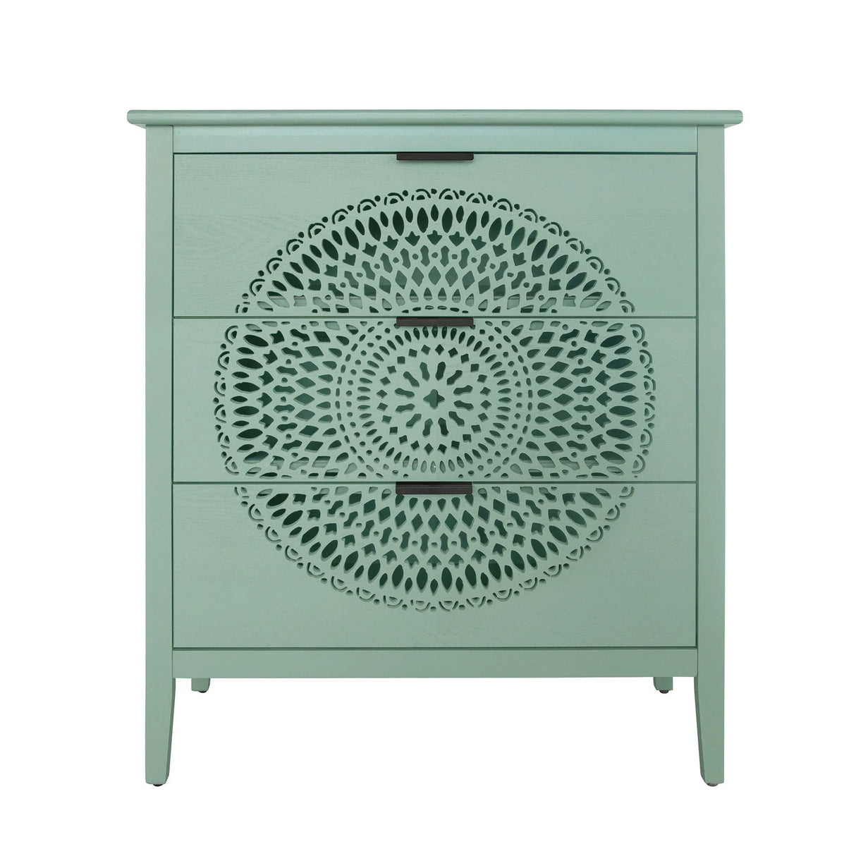 3 Drawer Storage Cabinet With Hollow Carved Design And Metal Handles, Chest For Entryway, Living Room Or Bedroom - Light Green - Furniture Home Direct