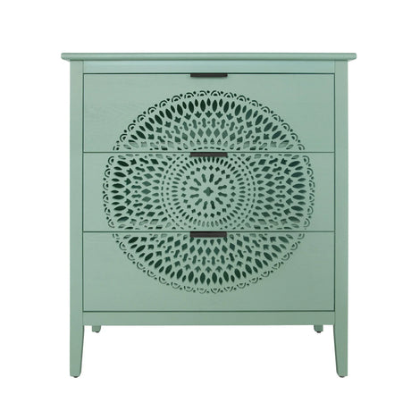 3 Drawer Storage Cabinet With Hollow Carved Design And Metal Handles, Chest For Entryway, Living Room Or Bedroom - Light Green - Furniture Home Direct