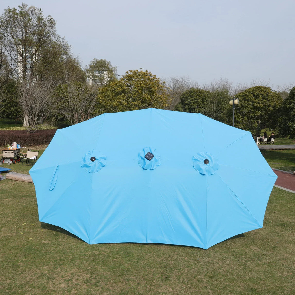 Double- Sided Outdoor Market Umbrella With Lights And Base - Furniture Home Direct