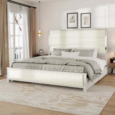 King Bed With Upholstered Headboard And Drawers Beige - Furniture Home Direct