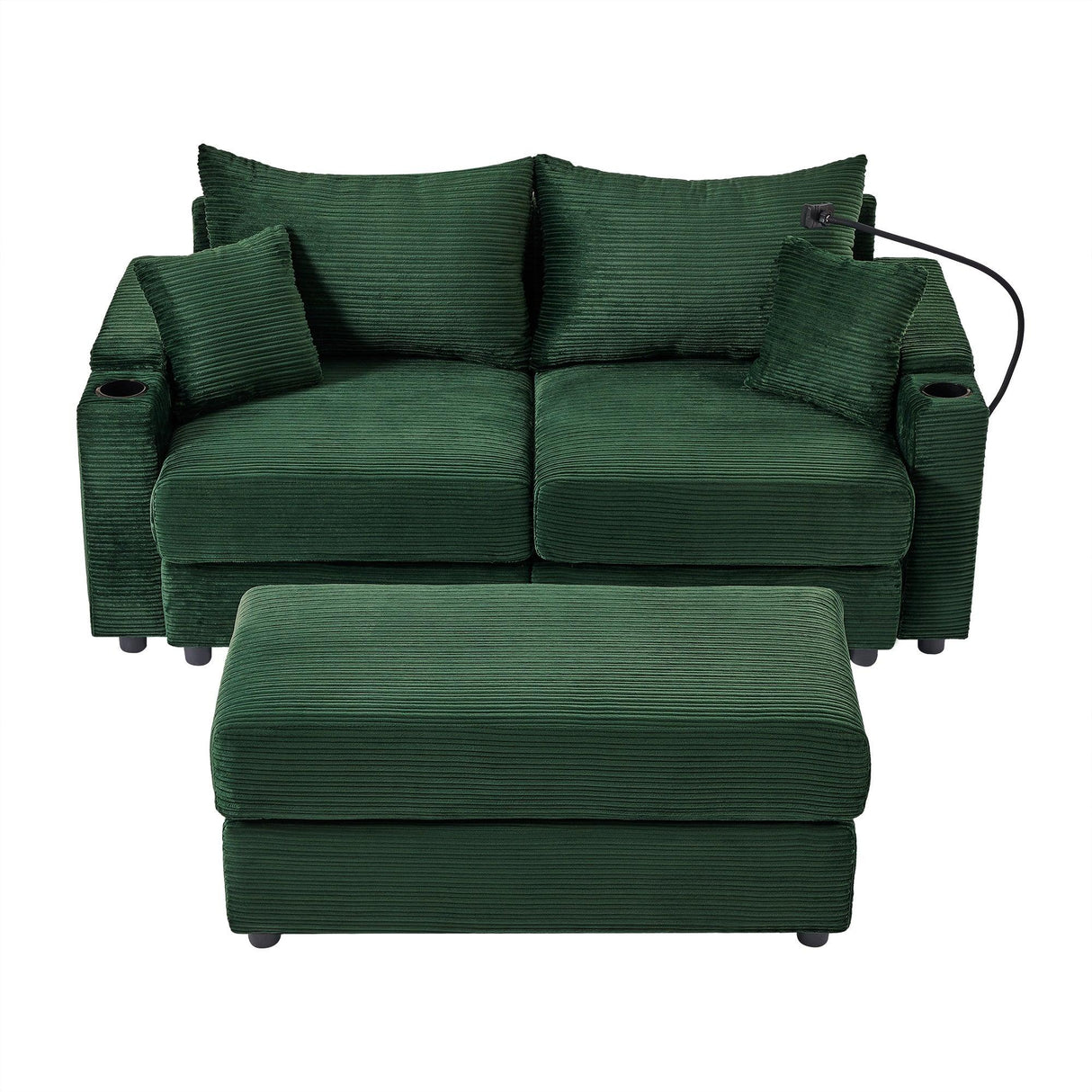 Sofa and Ottoman With Storage, Two USB Ports, Two Cup Holders and Phone Holder - Green - Furniture Home Direct