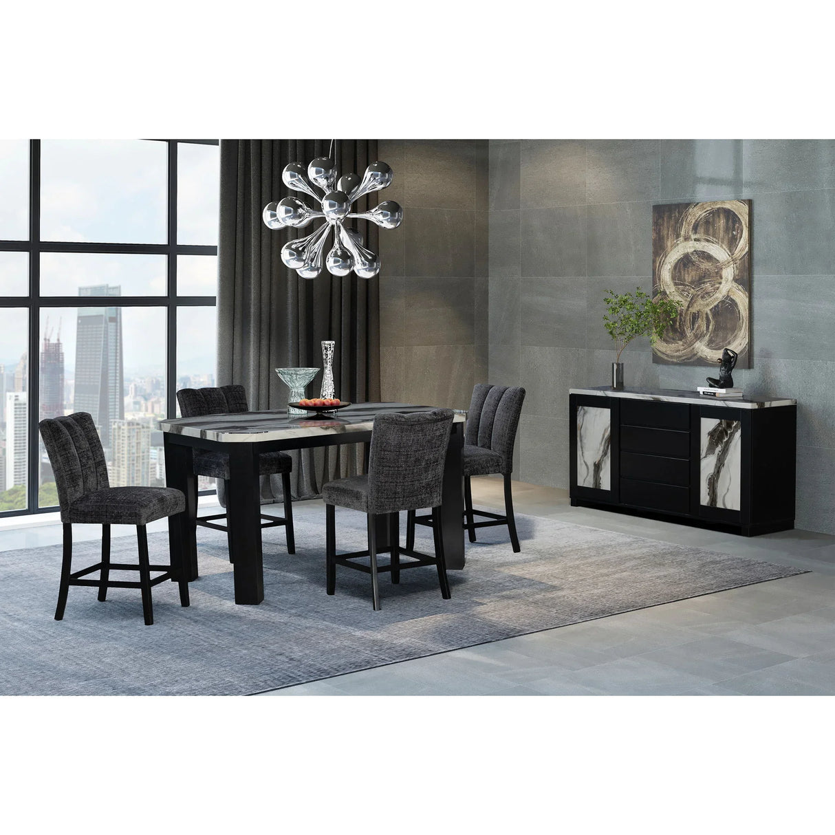 Magaly - Bar Table And Stool 5 Piece Set With Marbled Top Detail - Dark Gray - Furniture Home Direct