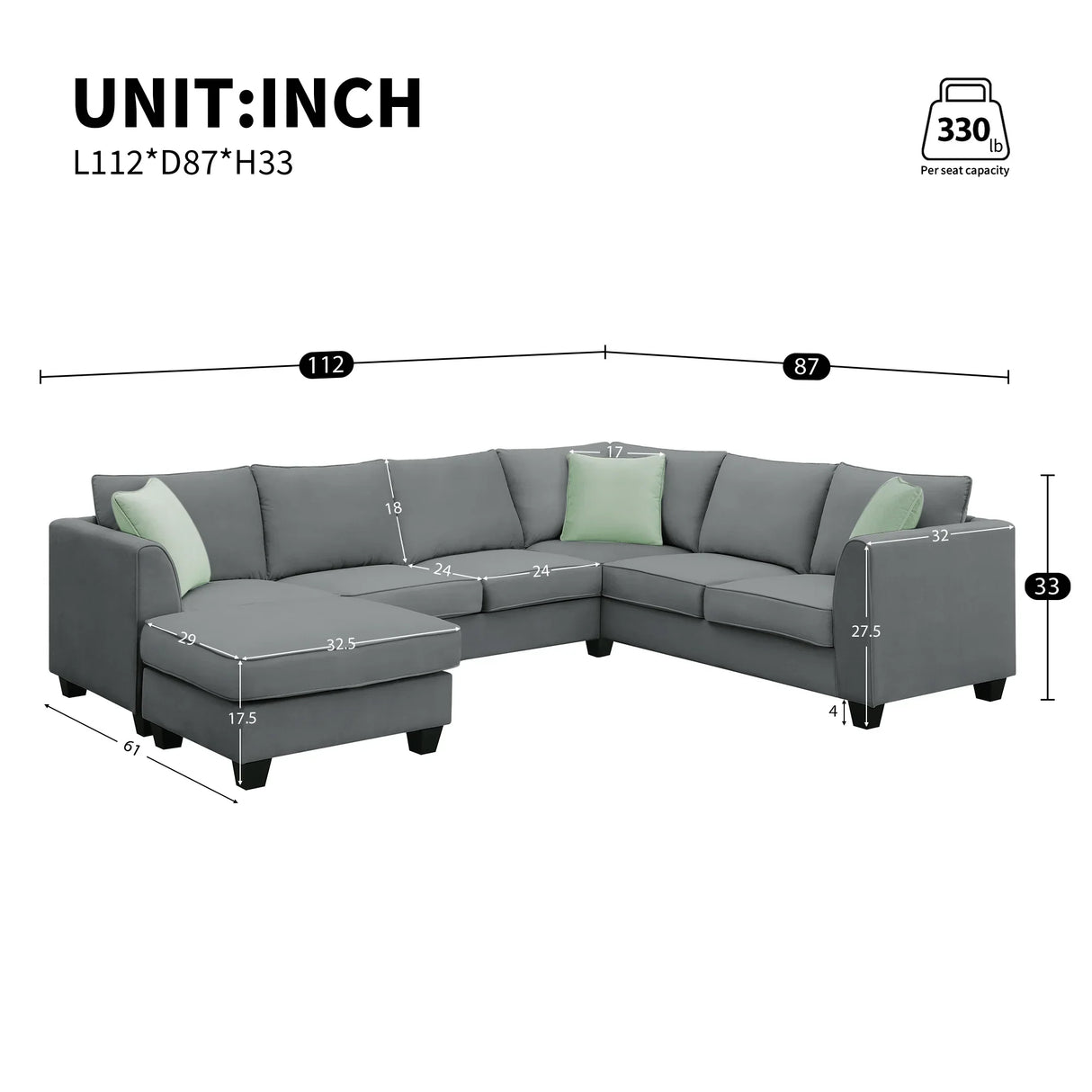 Sectional Sofa Modern Fabric Modular With Ottoman Grey - Furniture Home Direct