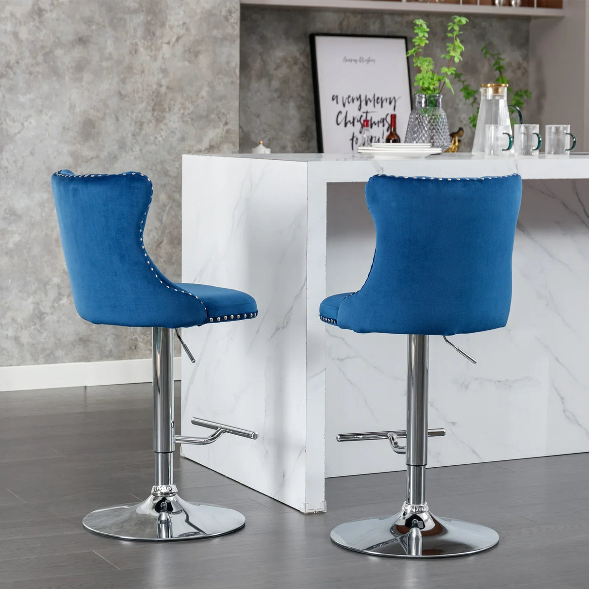 Counter Height Bar Stool Swivel Tufted Velvet Back Blue - Furniture Home Direct