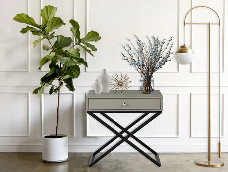 Koda - Wooden End Side Table Nightstand With Glass Top, Drawer And Metal Cross Base - Furniture Home Direct