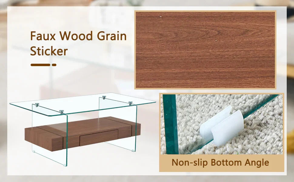 Coffee Table Two Tier Glass Top With Drawer Dark Walnut - Furniture Home Direct