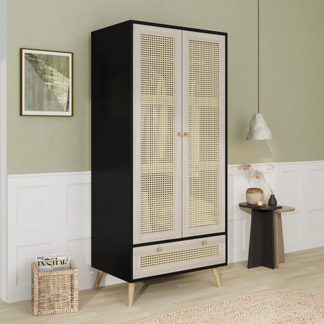 Wardrobe With 2 Rattan Doors And Drawer Natural Black - Furniture Home Direct
