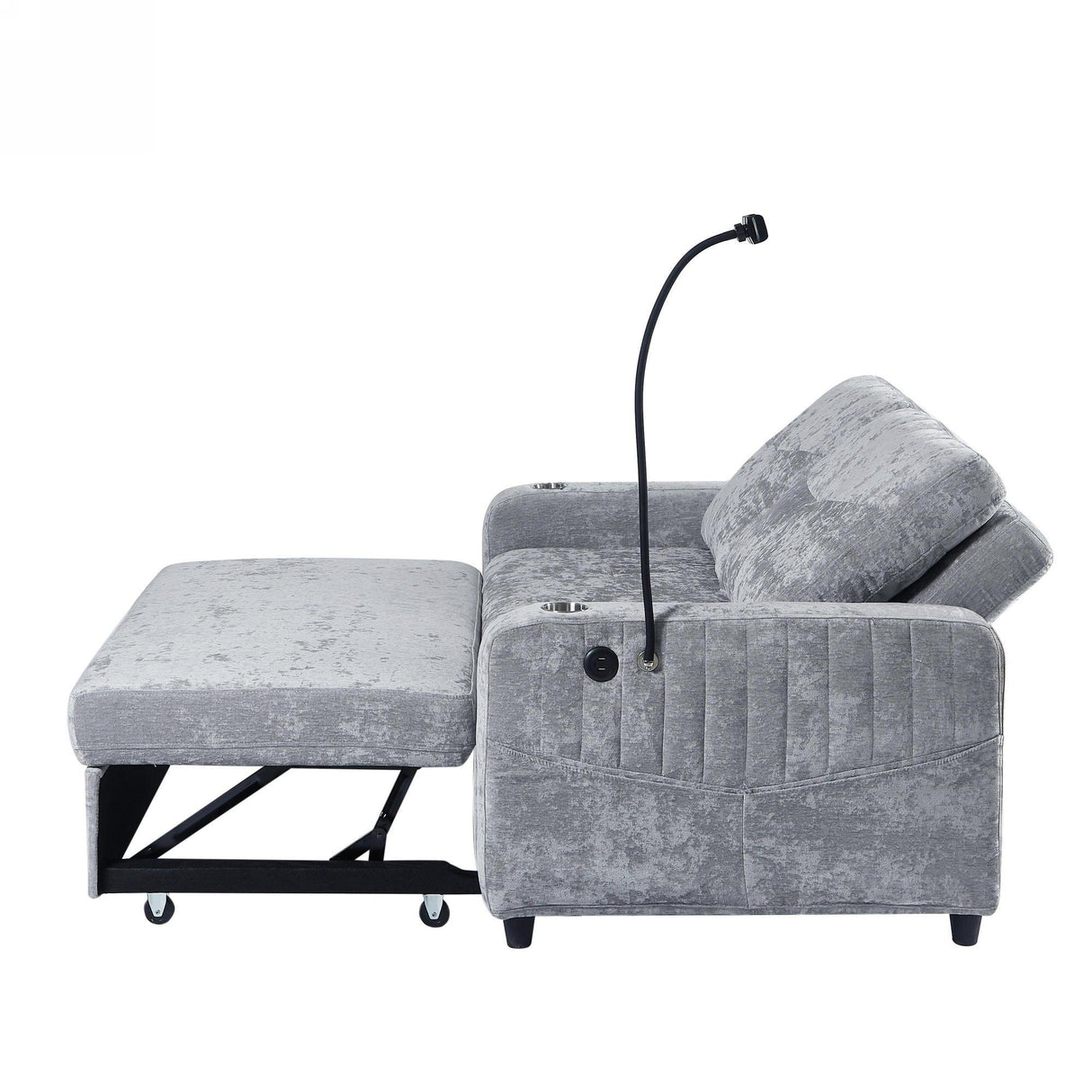 Sleeper Sofa With Adjustable Backrest, Two Cup Holders, Phone Holder, Three Charging Ports And Side Storage Pockets - Gray - Furniture Home Direct