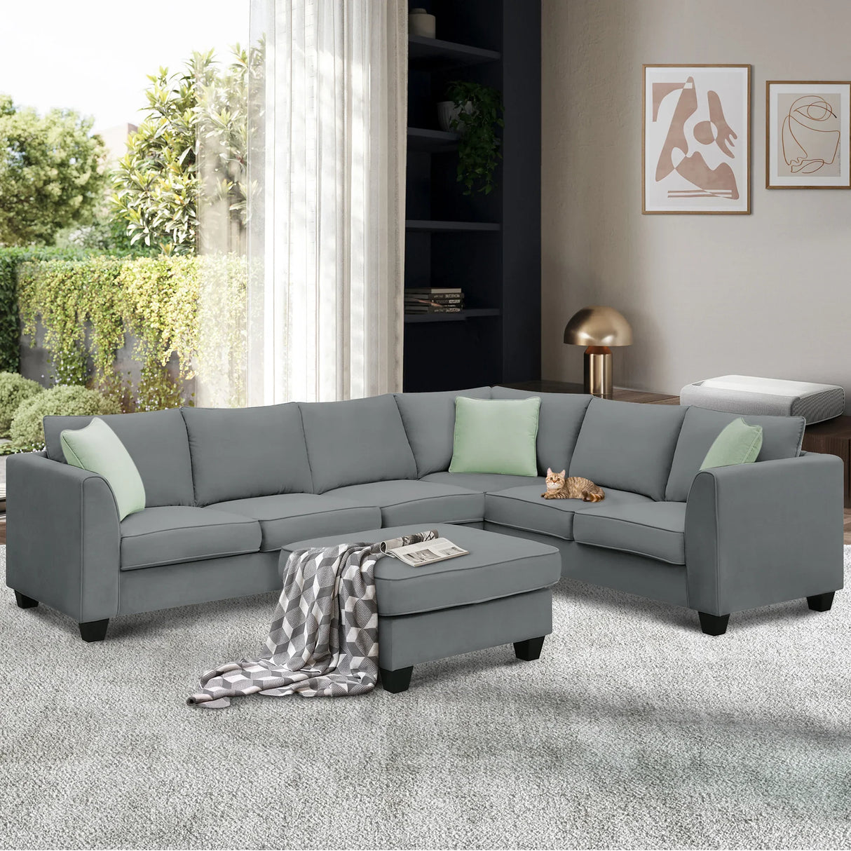 Sectional Sofa Modern Fabric Modular With Ottoman Grey - Furniture Home Direct