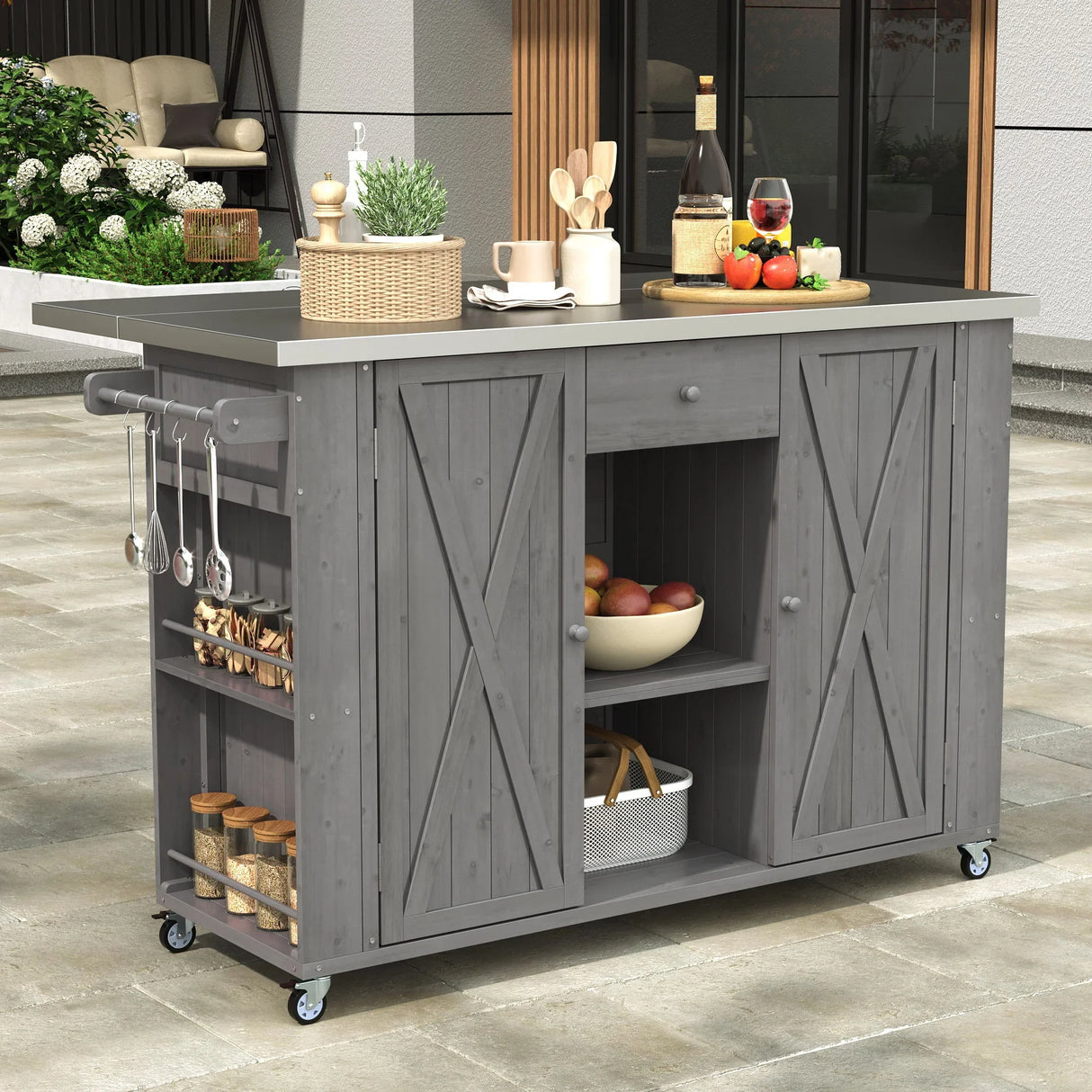 Outdoor Kitchen Island With Stainless Steel Top, Ample Storage Space, Towel And Spice Racks And A Bottle Opener - Furniture Home Direct